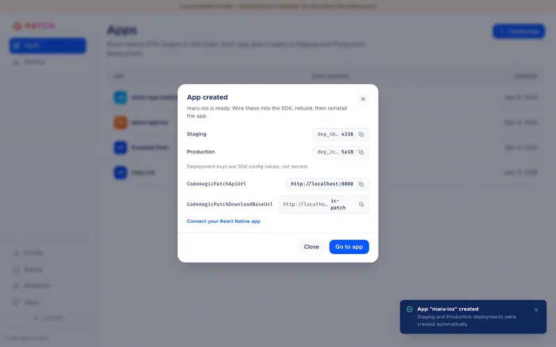 The app created dialog, showing Staging and Production deployment keys and the SDK URLs