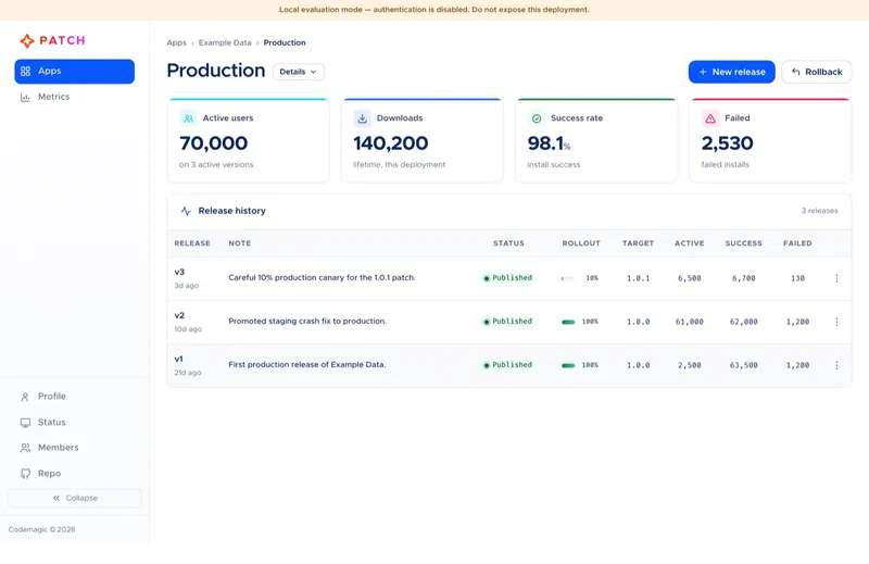 Release history for the seeded Example Data app, with a 10% canary release and per-release success and failure counts