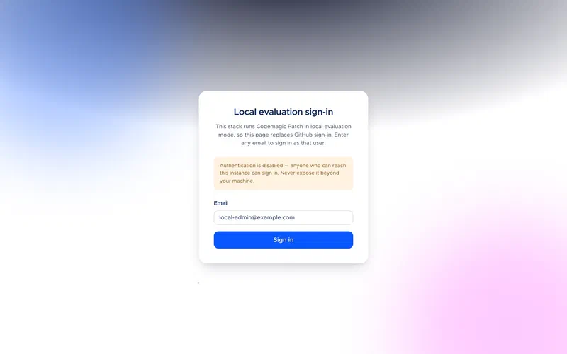 The local evaluation sign-in page, with a pre-filled email and a warning that authentication is disabled