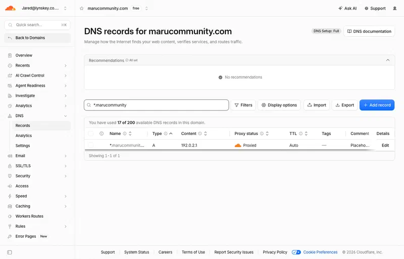 The zone's DNS records filtered to the wildcard: one proxied A record for *.marucommunity.com pointing at 192.0.2.1