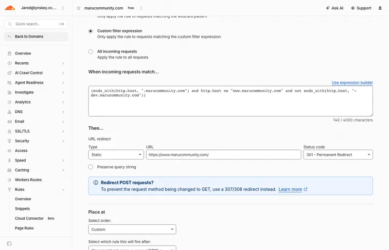 The redirect rule in the Cloudflare dashboard, with the expression ending in the -dev exception