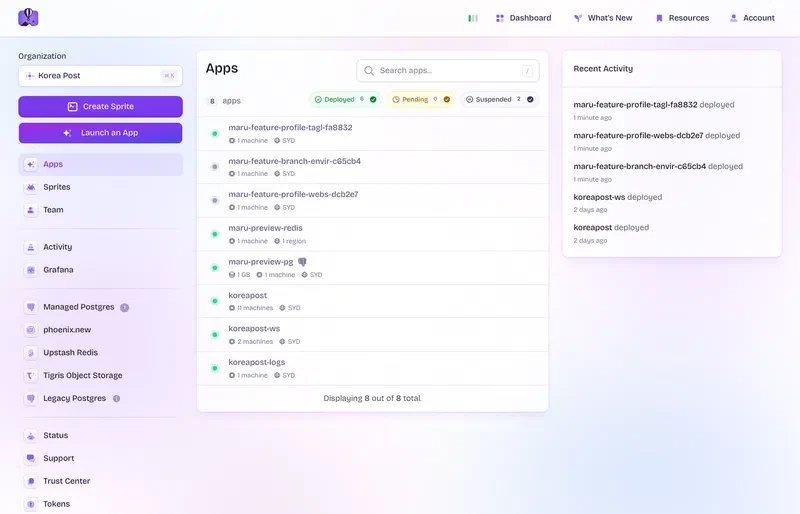 The Fly.io dashboard for the org: three maru-feature-* apps, two already suspended, next to the production koreapost apps and the shared preview Postgres and Redis